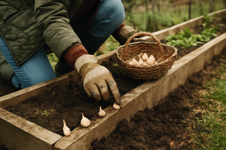 Gardeners planting garlic at the edge of raised beds drastically improves winter soil health