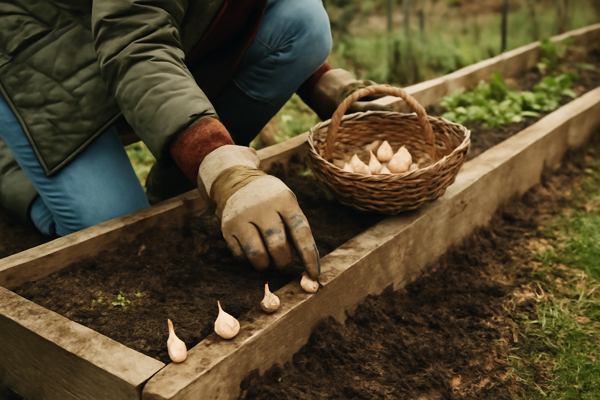 Gardeners planting garlic at the edge of raised beds drastically improves winter soil health