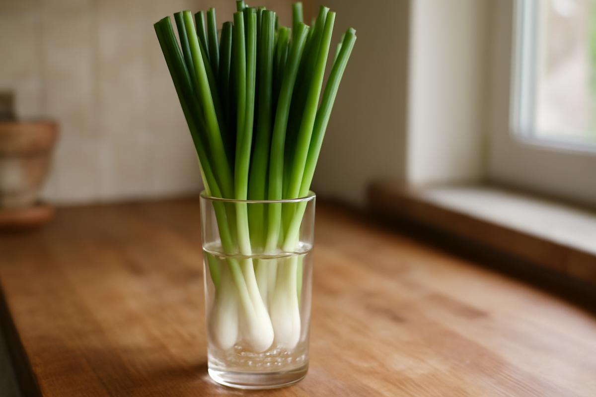 Store spring onions upright in a glass of water to keep them crisp for weeks gardeners swear by it